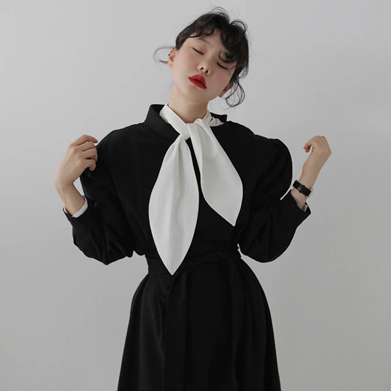 Женская винтажная однобортная блузка с воротником бантом и длинным