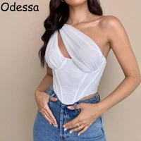odessa white one shoulder sexy corset y2k crop top women sleeveless backless skew hollow out summer bustier party wrap tank 2021