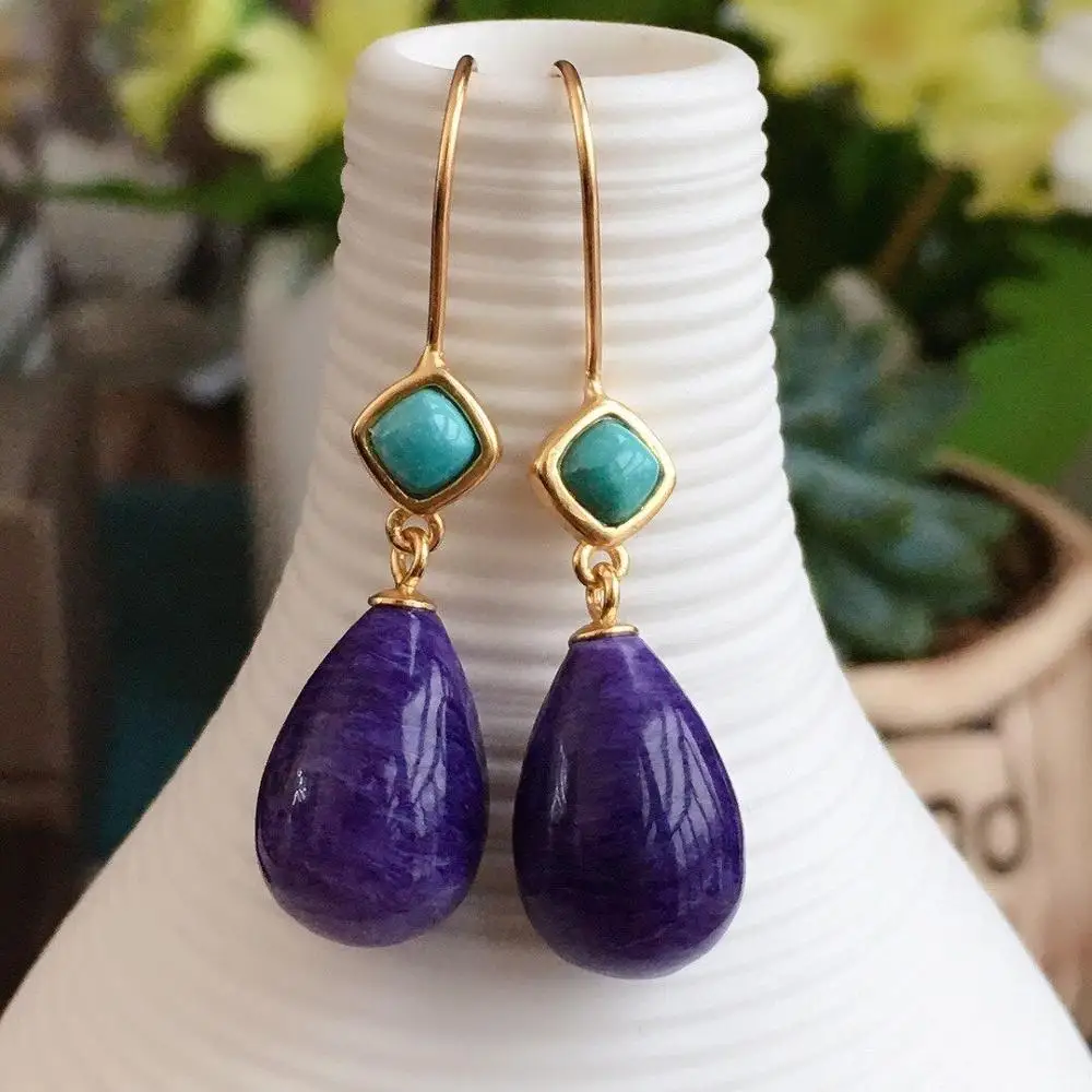 Женские серьги подвески ручной работы натуральный Чароит ювелирное изделие