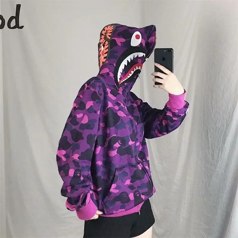 

Japanese trend shark camouflage hoodie 2021 street men and women the same sweater Harajuku loose couple casual women's hoodie