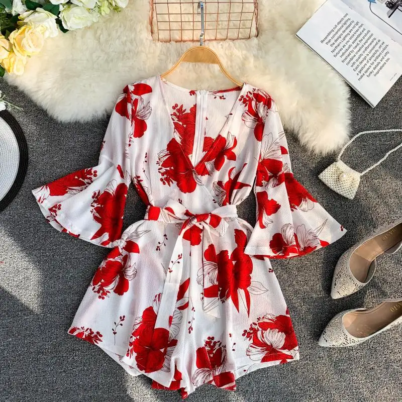 

Women Strap Backless Short Jumpsuits 2020 New Fashion Back Bow Flare Leg Playsuit Bohemian Workplace Loose Jumpsuit