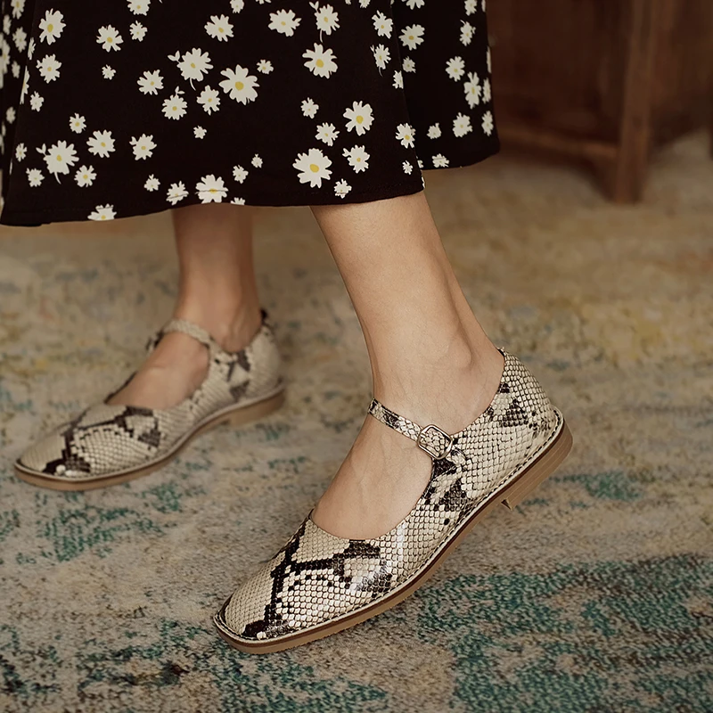 

autuspin New Style Female Shallow Genuine Leather Mary Janes Fashion Snake Pattern Buckle Strap Flats Women Office Daily Shoes