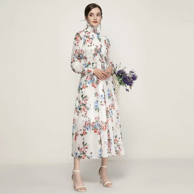 

2021 Весенняя Новинка Женская одежда с пышной юбкой с высоким воротом Длинные рукава фон с изображением роз на вокруг талии и элегантное плат...