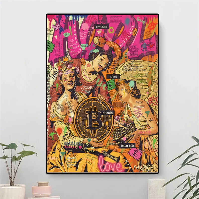 

Street Graffiti Pop Art Bitcoin and Angel Canvas Printings Posters Abstract Portrait Painting Living Room Home Decor Cuadros