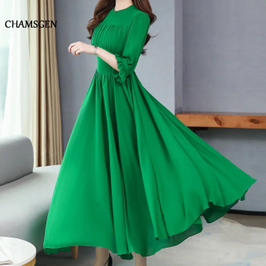 Женское платье с круглым вырезом CHAMSGEND однотонное облегающее Бохо рукавом до