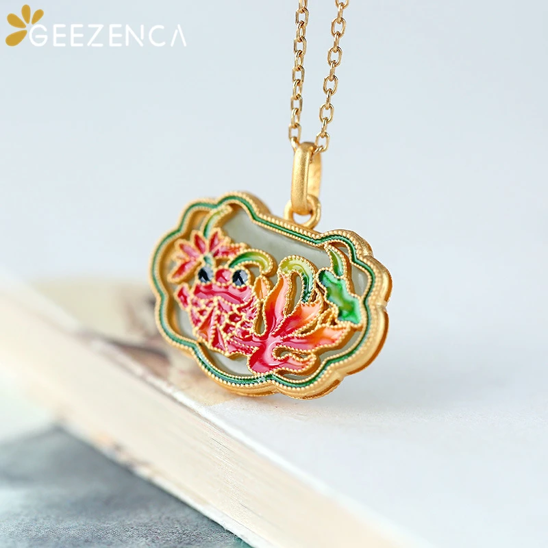 

Vintage S925 Silver Gold Plated Hetian Jade Cloisonne Pendant Necklace For Women Lotus Goldfish Choker Necklaces Fine Jewel Gift