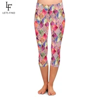 letsfind summer push up women fitness capri leggings 3d diamond geometric printing high waist mid calf 34 leggings plus size