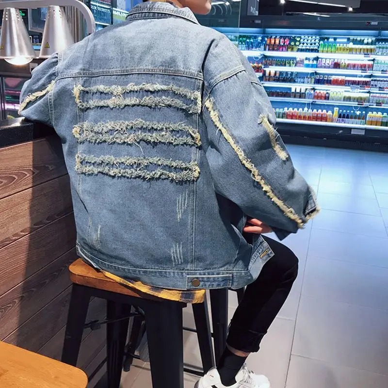 

Fashion 2021 Fashion denim Mens Spring and Autumn New Pocket Denim Jacket Men's Korean Slim Frayed Lapel Large Size Denim Jacket