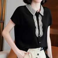 mesh splicing fashion women spring summer lace lapel shirt pattern button decoration simple short sleeved female loose blouse