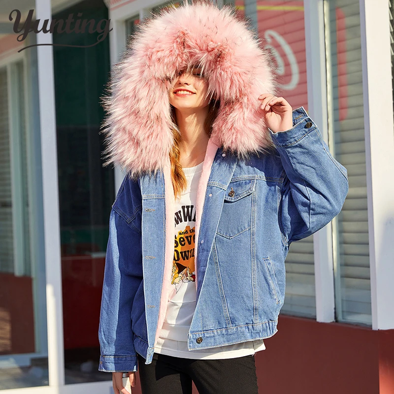 2022 rabbit fur lined denim jacket coat fashion denim fur warm lady winter jacket women parka