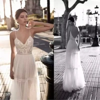 verngo sexy backless boho beach a line wedding dresses spaghetti straps dotted tulle lace bridal gowns
