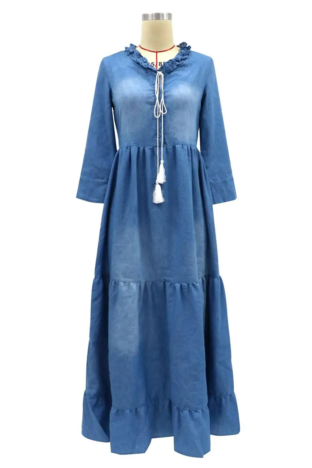 Женское джинсовое платье с оборками повседневное свободное винтажное макси в