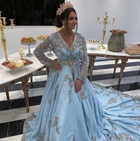 prom dresses 2020 a line long sleeve lace saudi arabia dubai sky blue appliqued formal evening party gowns vestidos de novia