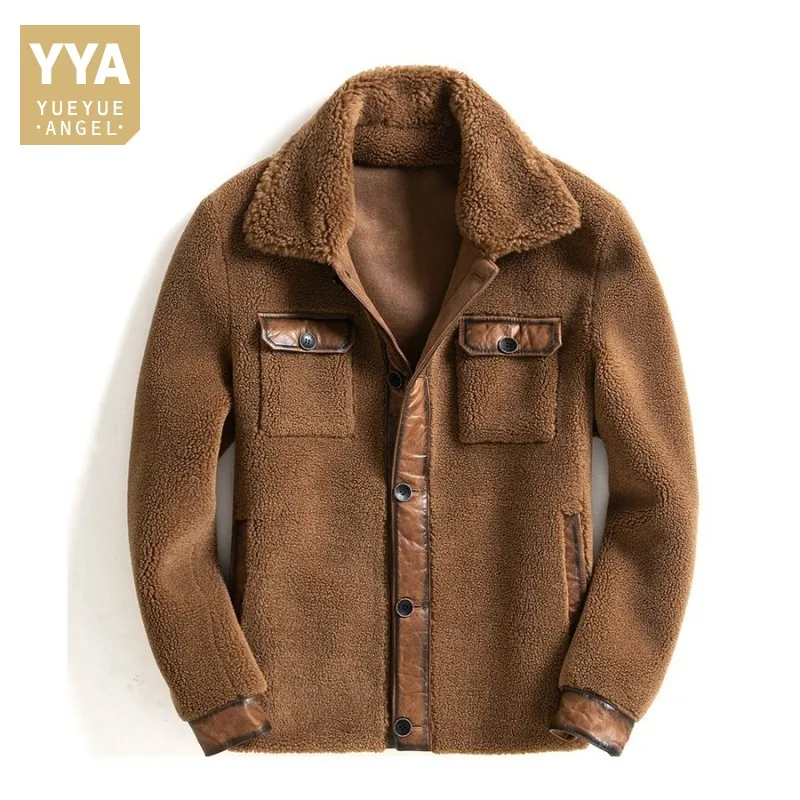 

2021 Mens Winter Cashmere Fur Coat Long Sleeve Thick Warm Slim Fit Sheep Shearling Short Jacket Men Vintage Lapel Bomber Jacket