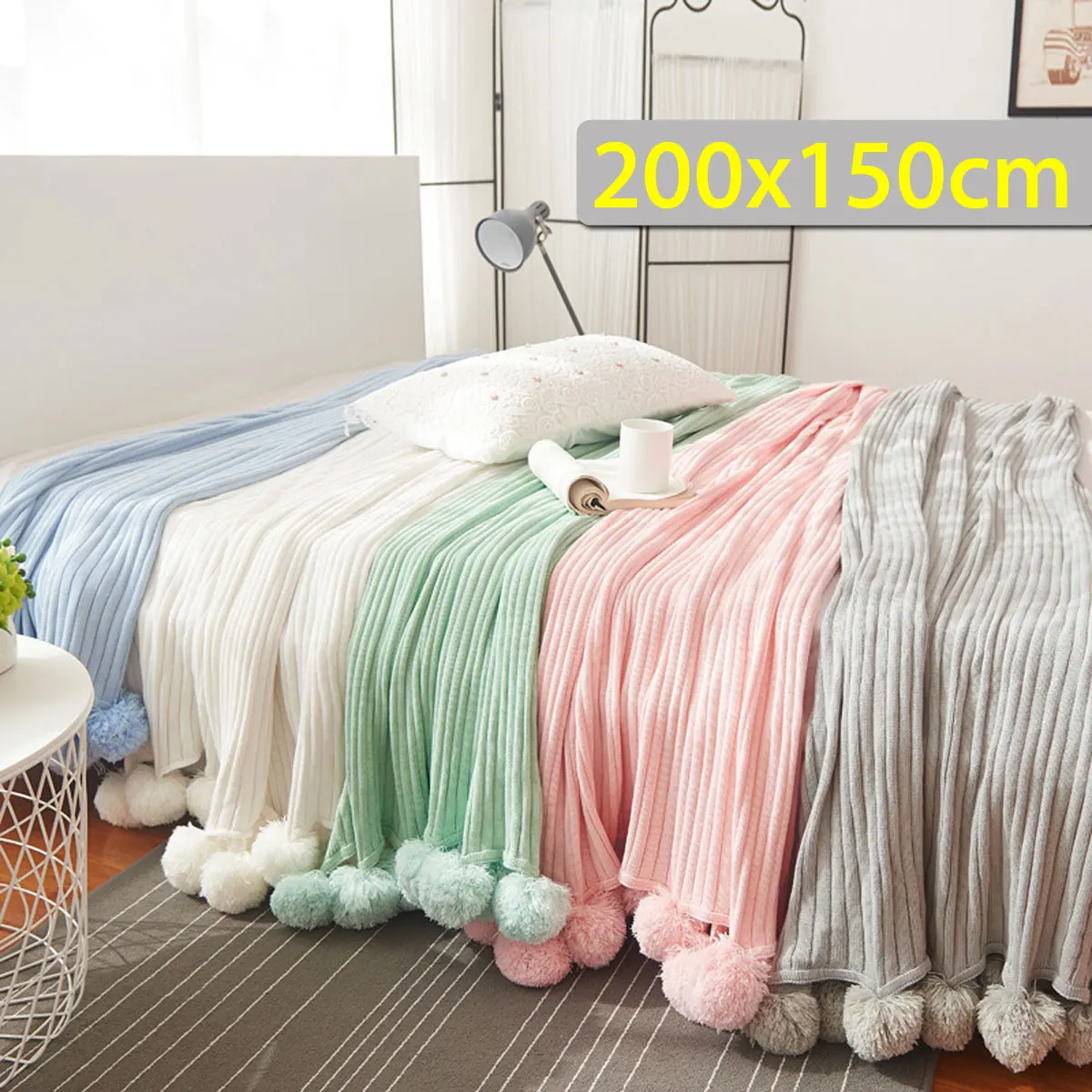 

150x200cm Soft Knitted Crochet Throw Blanket Long Pile Pom Super Warm Bed Sofa Cover Decor