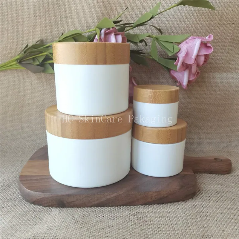 Container10/30/50/100/250g White Pp Plastic Bamboo Cap Cream Jar Oem Print Logo On Bamboo Cosmetic Packaging