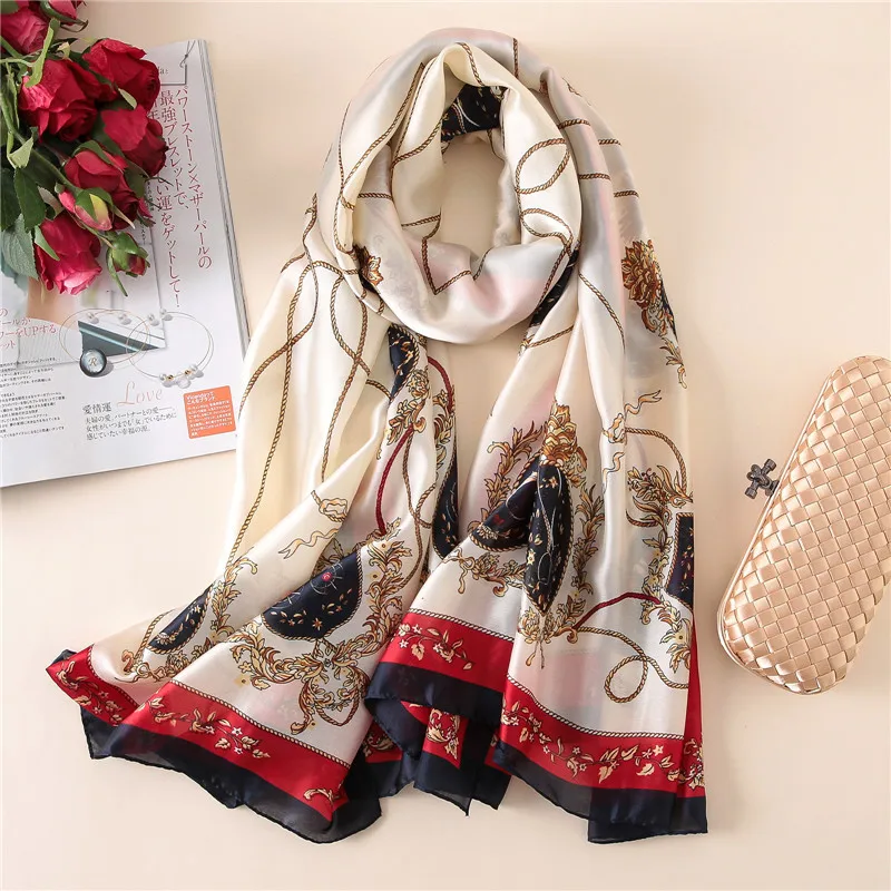 

2021 Women Imitation Silk Scarf Chain Tassel Print Shawls Office Lady Soft Wraps Female Headscarf Beach Towel Best Gift 90x180cm