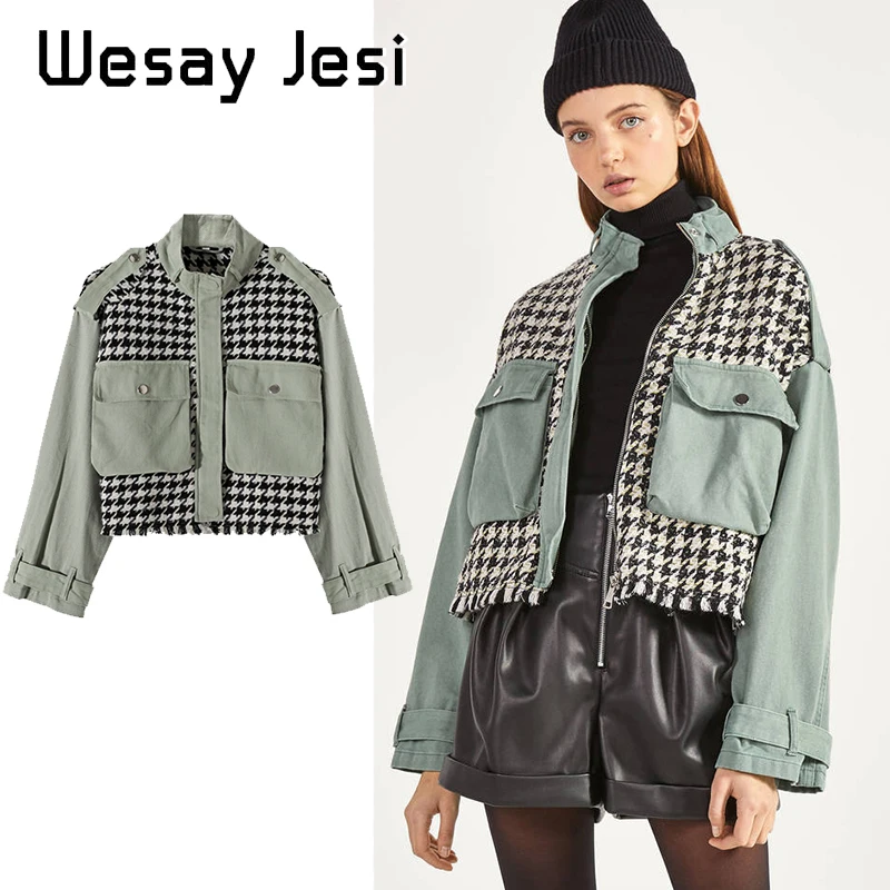 Женская твидовая куртка с большими карманами свободная высоким воротником в