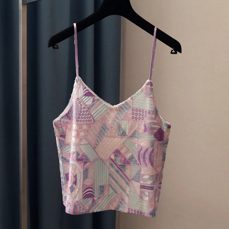 Женский укороченный топ с V образным вырезом и блестками|Топы| |