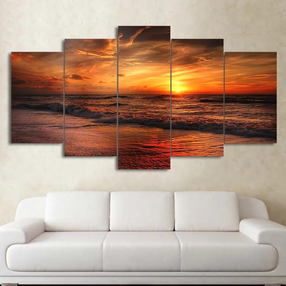 

Modular Pictures HD Prints Canvas Painting 5 Pieces Beach Sea Wave Seascape Home Decor Sunset Bedside Background Wall Art Poster