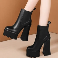 2020 high top casual shoes women genuine leather super high heel motorcycle boots female round toe chunky platform pumps shoes
