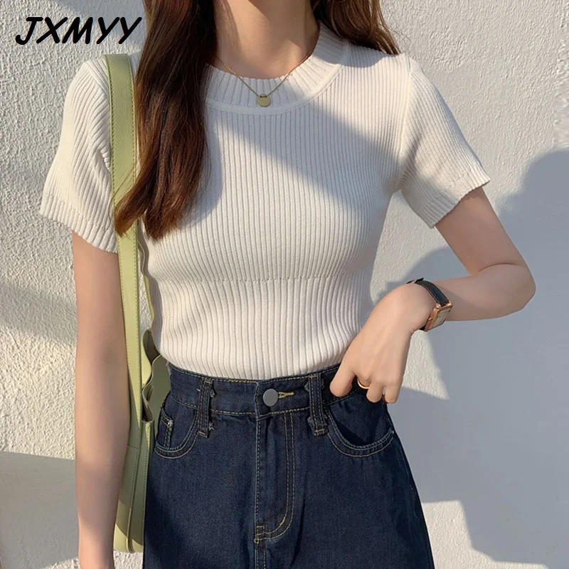 

2021 fashion knit sweater women summer new white western-style tight-fitting short short-sleeved top JXMYY