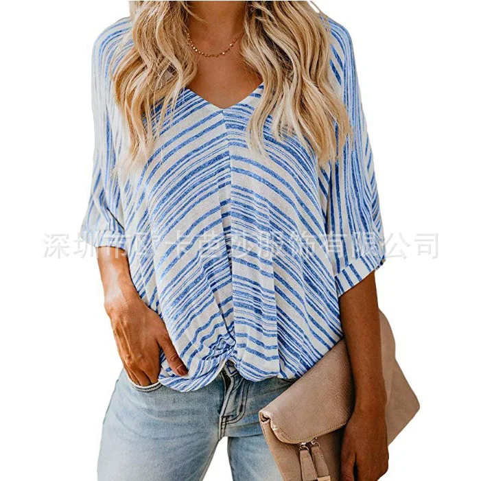 

2021 spring and summer new V-neck fashion stripe stitching blouse casual loose kink top