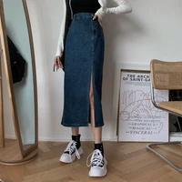 chic high waist side slit denim mid length skirt female fashion solid high waist jean a line skirts women streetwear clothing