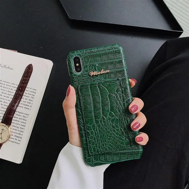 Green Чехол из натуральной крокодиловой змеиной кожи, PU кожаный чехол для iPhone 11 Pro Max XS 6s 6 7 8 Plus X XR, чехол для карт, держатель, жесткая задняя крышка - Цвет: Green