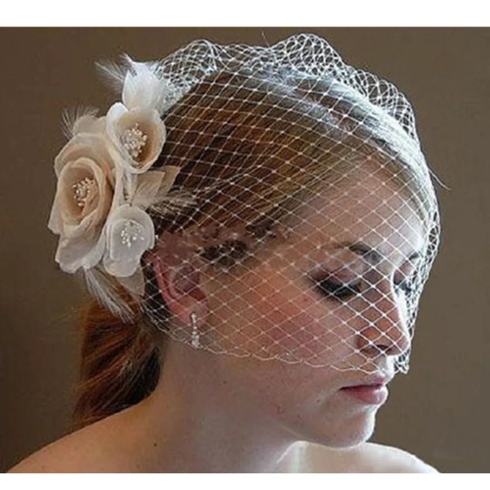 Wedding Birdcage Veil Champagne Ivory White Flowers Feather Birdcage Veil Bridal Wedding Hair Pieces Bridal Accessories in Stock - Цвет: Picture Color