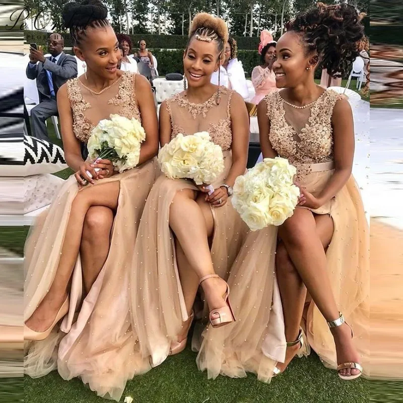 

PEORCHID African Champagne Lace Bridesmaid Dresses Slit Sexy Tulle Pearls Vestido Dama Honor For Women Party Wedding Guest Gown