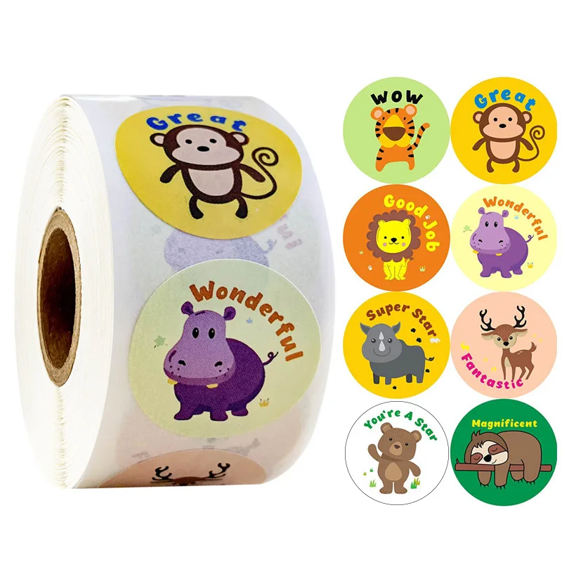 

500 Pcs/roll Words Reward Stickers 1 inch Round Cute Animal Stickers School Teacher Reward Kids Stationery Sticker