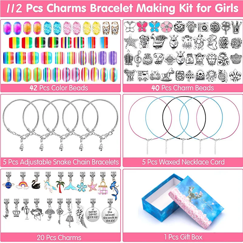 112 PCS DIY Charm Bracelet Necklaces Jewelry Making Kit with Pink Gift Box for Girls Women Valentines Birthday Christmas Gift