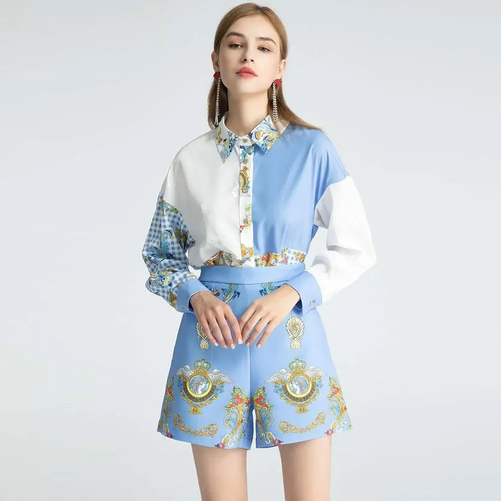 Two Runway Fashion Women Pieces Set Summer Autumn Casual Ladies Blouse+Shorts Flower Print Holiday Blue Pink Sets
