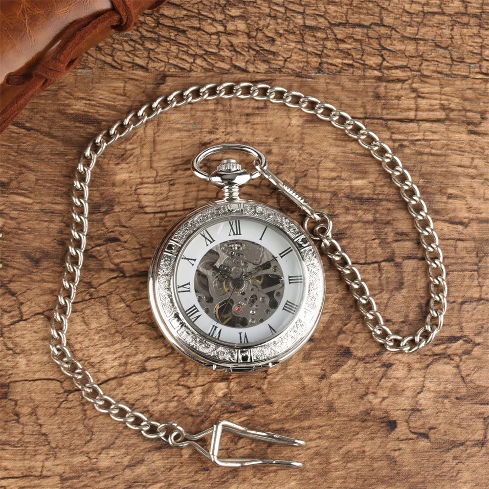 Silver Mechanical Pocket Watch Manual Mechanism Pendant Fob Chain Clock Transparent Glass Cover Roman Numerals Retro Timepiece