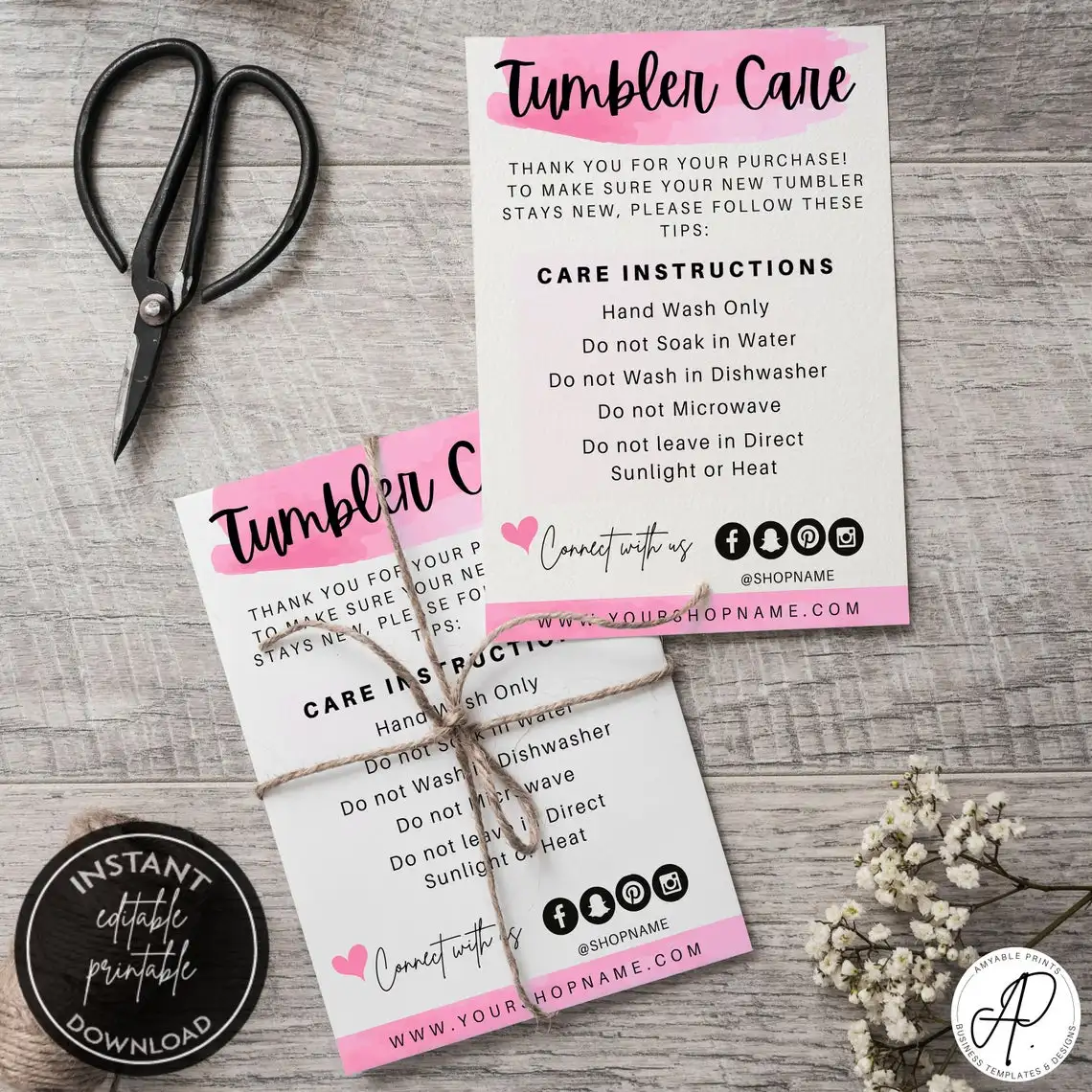 Tumbler care cards print and cut,printable care instructions tag package inserts,printable washing instructions,Small business s
