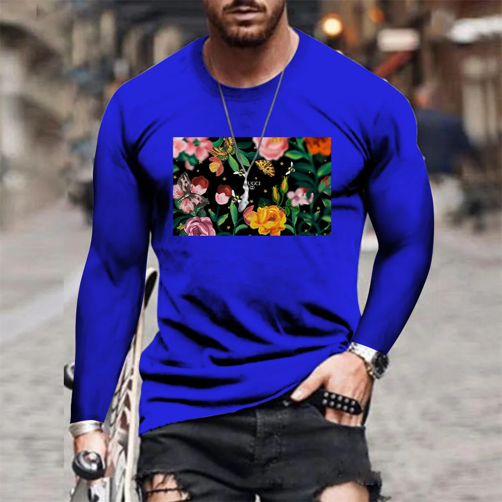 

2021 summer new men's 3D GU classic flowers Harajuku fashion round neck long-sleeved casual T-shirt men's long-sleeved