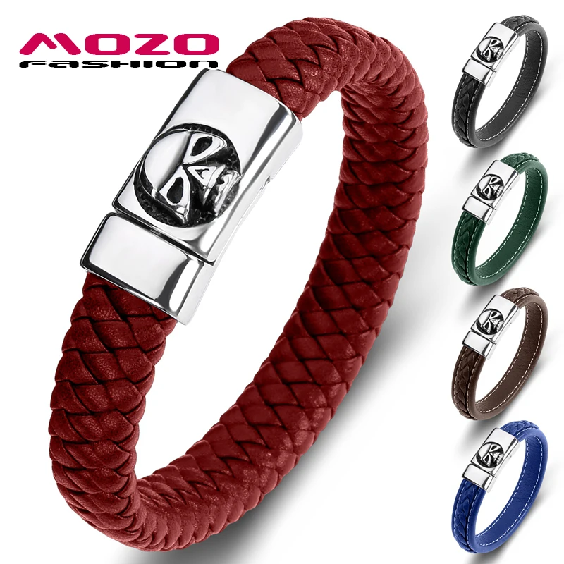 

MOZO 2021 Dropshipping Wholesale Punk Genuine Leather Stainless Steel Skull Bracelets High Quality Multicolor Men Jewelry 095