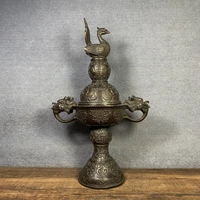 11chinese temple collection old bronze cinnabar lacquer dragon and phoenix statue faucet binaural incense burner ornaments