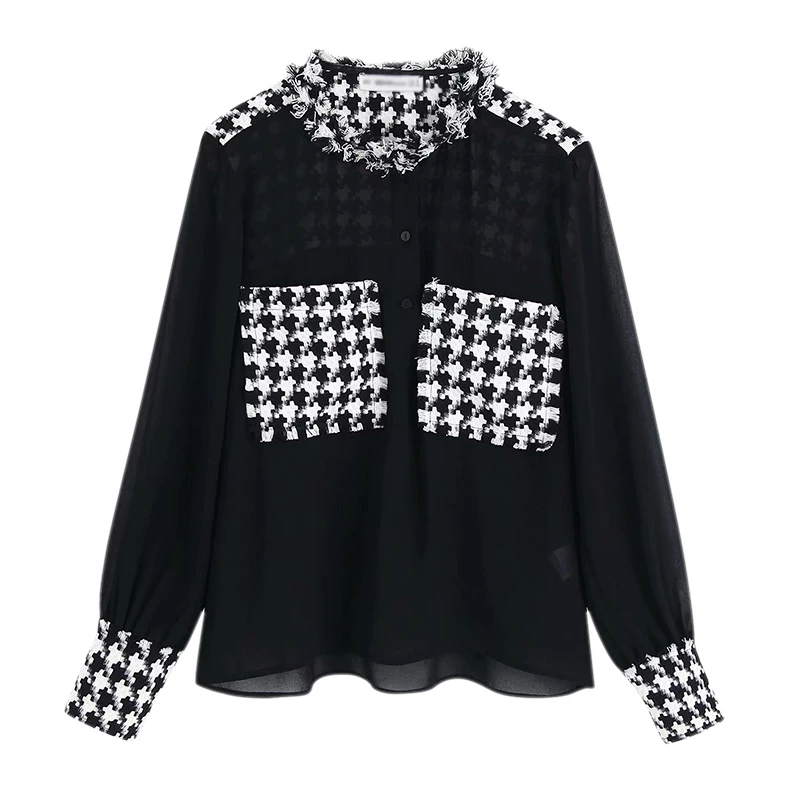 Женская блузка из твида прозрачная Элегантная стильная черная с длинным рукавом