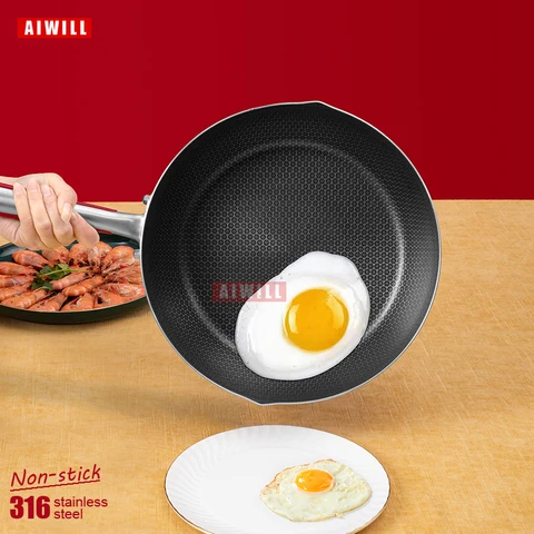 Сковорода AIWILL кухонная антипригарная из нержавеющей стали 316, 28 см