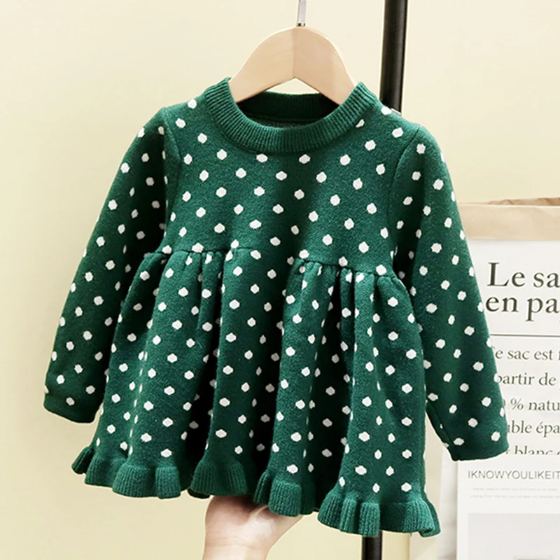 Зимняя одежда для маленьких девочек Платье Свитер Вязаное платье в горошек