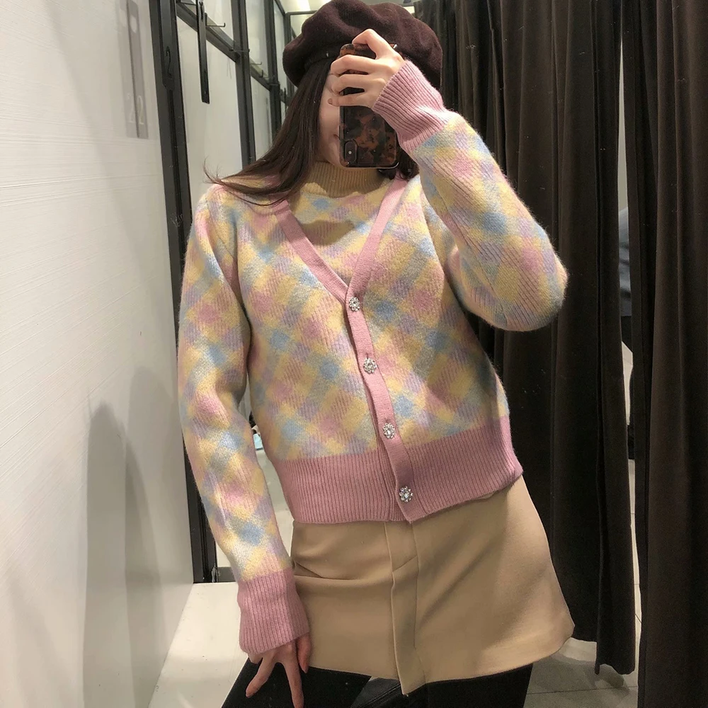 

Woman Sweaters Cardigan Pull Femme Chandails Ropa Mujer Kobieta Vetement Long Sleeve Argyle Knitted Rainbow Cute Vrouw Truien