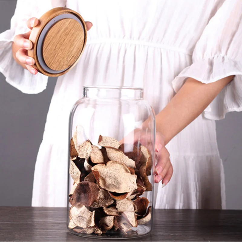 

Large Capacity Household Glass Storage Jar Sealed Cans with Wooden Lid Kitchen Grain Bean Food Candy Storage Container Bottles