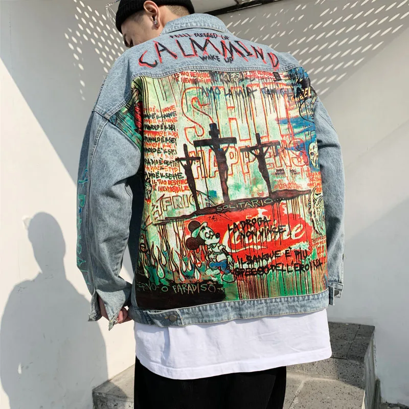 

2021 High Street Spring Autumn Men's Jacketn Frayed Denim Jacket Little Demon Graffiti Print Casual Loose Outerwear Brand Coat