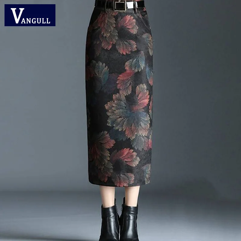 red flower Vangull, шерстяная Плотная юбка, осень, новая, с высокой талией, с разрезом на бедрах, тонкая юбка с цветочным принтом, зимняя, повседневная, с карманами, плюс размер, юбка - Цвет: red flower