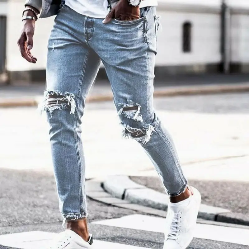2021 Men's Jeans New Style Boken Holes Europe America Fashion Trousers Light Blue Beggar Pants S-XXXL