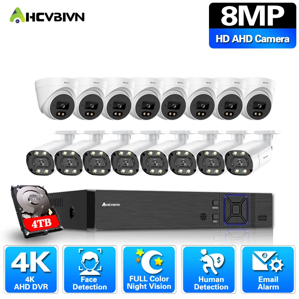 

AHCVBIVN 8MP CCTV Camera Full Color Night Vision 16CH DVR Security Camera System Set XMEYE Video Surveillance AHD System Kit 8CH