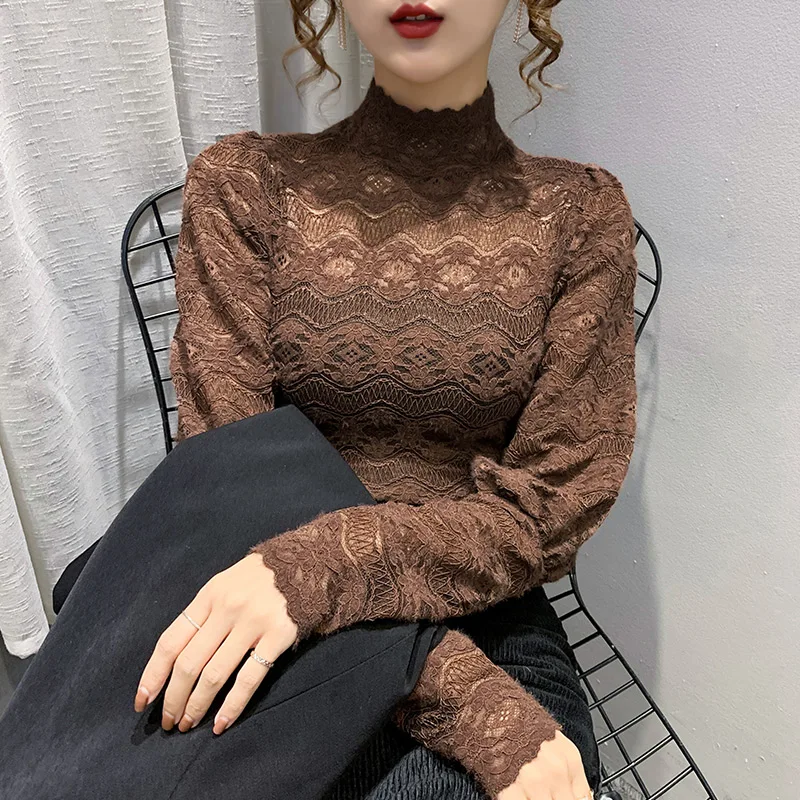 

New Elegant Women Autumn Winter Half Turtleneck Lace Plus Velvet Base T Shirt Liner Long Puff Sleeve Mesh Top