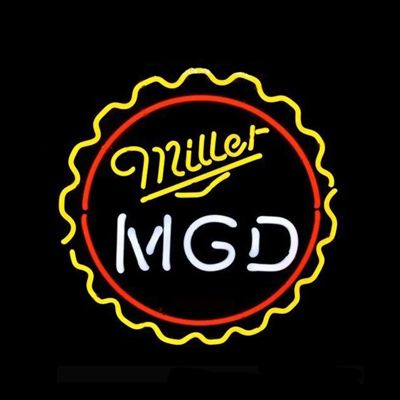 

MGD Miller Genuine Draft Bottle Cap Neon Sign Handmade Real Glass Tube Beer Bar Store Wall Decor Advertise Display Lamp 17"X17"
